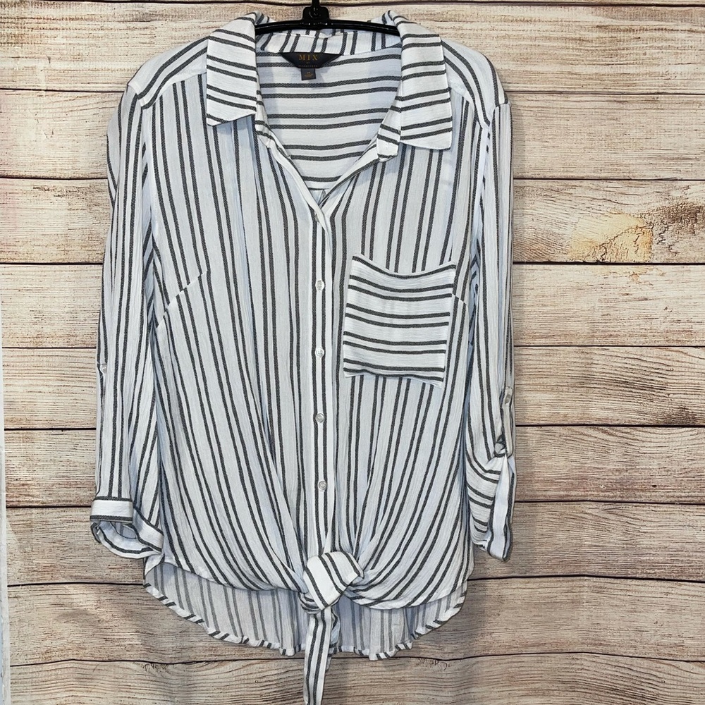 Mix By 41 Hawthorne Stripe Roll Sleeve Button Front Tie Blouse Medium